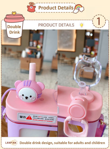 Hot New Girls Cute Double Straw Tritan Drinking Bottle