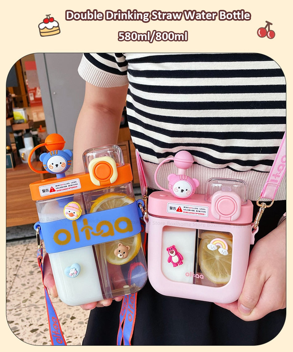 Hot New Girls Cute Double Straw Tritan Drinking Bottle